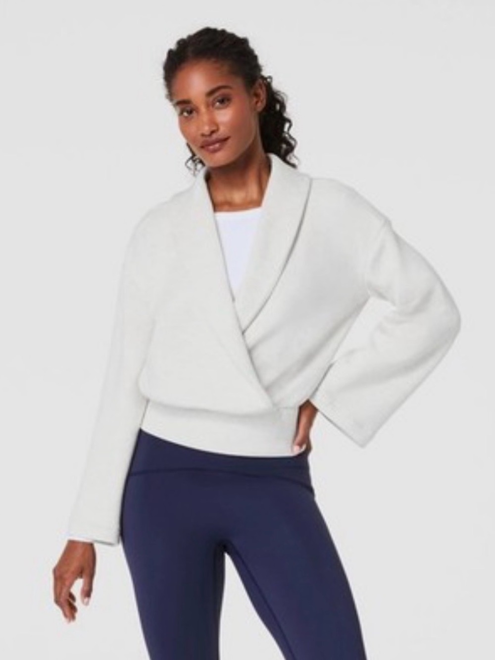 SPANX AirEssentials Heathered Oat Shawl-Collar Faux Wrap Sweater